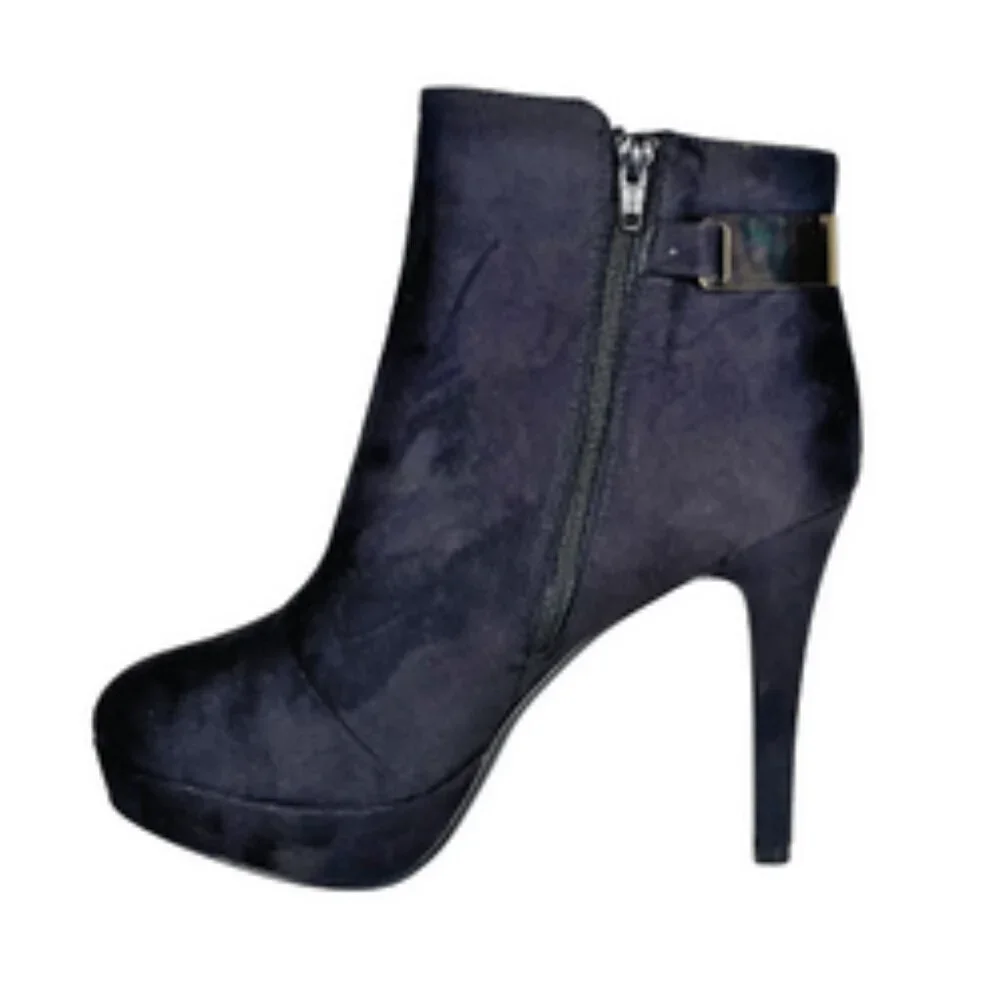 H&M Office Siren Faux Suede Platform Ankle Boots Gold Buckle Hardware Black 9.5